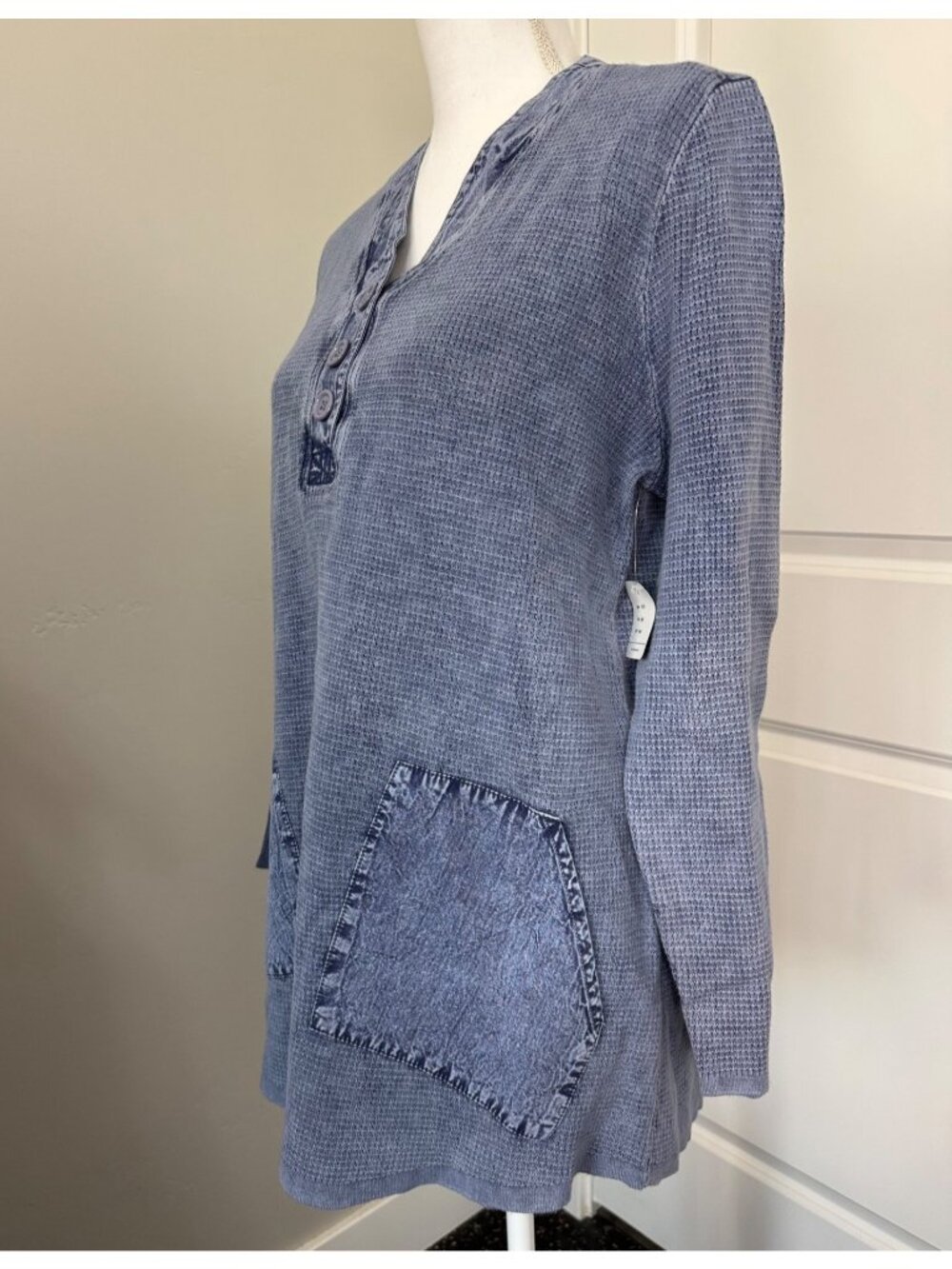 PBJ Blues Womens Indigo Tunic Shirt M/M Y2K Cottage Waffle Knit Stretch Comfort - Picture 8 of 16